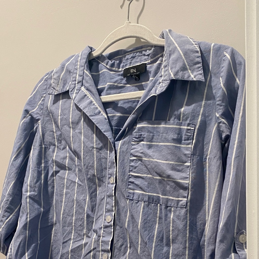 I.N. San Francisco Blue Striped Button-Up Top